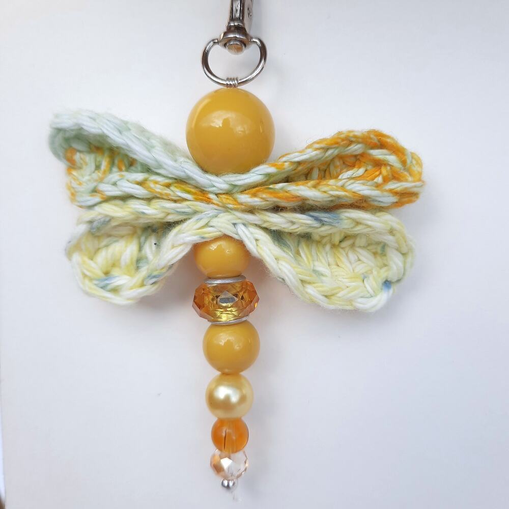 Crochet Winged Dragonfly Bag Charm Handmade Mustard Yellow Beaded Purse Keychain